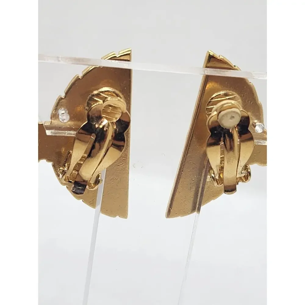 Vintage KARL LAGERFELD Art Deco FAN Clip-on Earrings Gold Tone